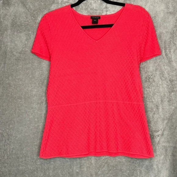 Ann Taylor Womens Top Large Coral Pink Solid Short Sleeve V Neck Knit - Picture 1 of 7